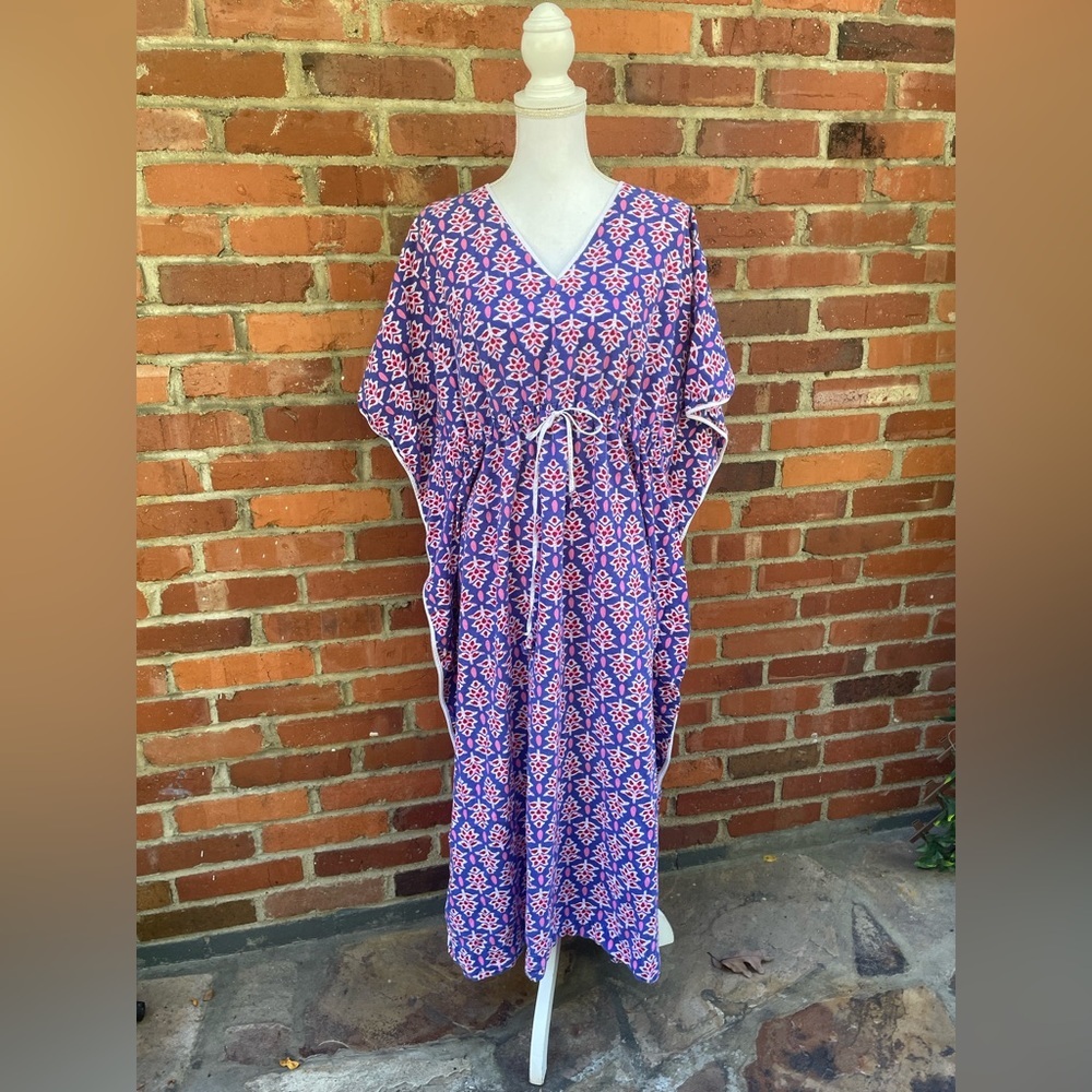 Rose Petals Kaftan One Size OSFA Ikat Ethnic Print Boho Maxi Dress Cotton